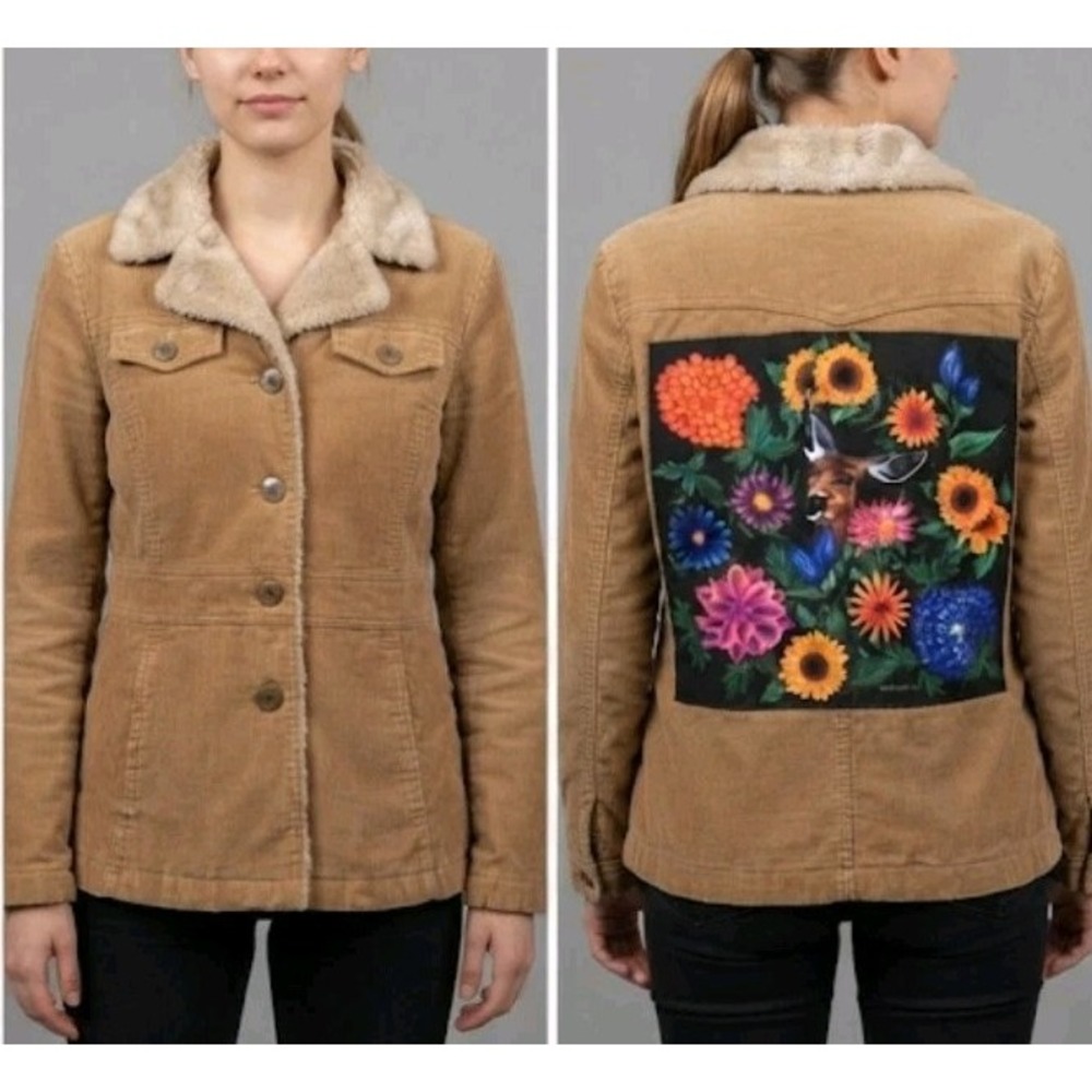 Vintage Esprit Women Corduroy Sherpa Jacket Size L Upcycled Floral Back Brown